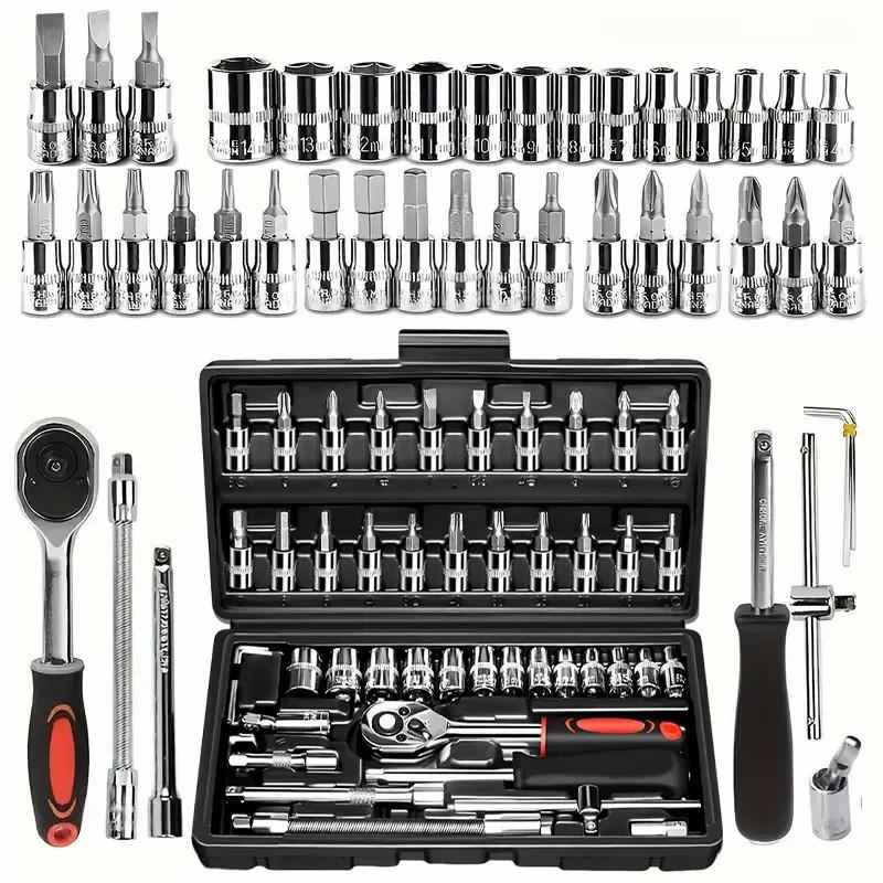 Auto Repair Tools - 46個入り メトリックソケットレンチセット。自動車修理用工具キット。プロ仕様の機械メンテナンス用手工具。ラチェットレンチ、ドライバービット、六角レンチ、多目的ハードウェアツールを収納。携帯用収納ケース付き。