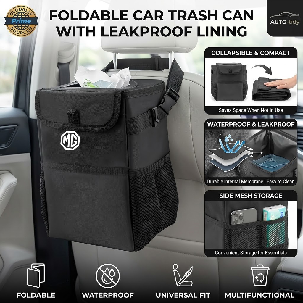 Waterproof Car Trash Can With Lid - 折りたたみ式で持ち運び可能な、漏れ防止・防水機能付きの車載用ゴミ箱。MG ZS Hybrid+、HS、ES5、MGS5、MG4 EV、EZS ONE、MG3、MG5、MG6、MG7に対応。
