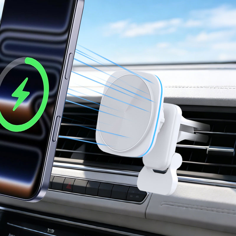 Magnetic Phone Holder For Car Vent - 15W磁気式車載ワイヤレス充電器、LEDライト付きエアベントクリップ式スマホホルダー、Magsafe対応iPhone 17/16/15/14/13/12 Pro Max急速充電対応