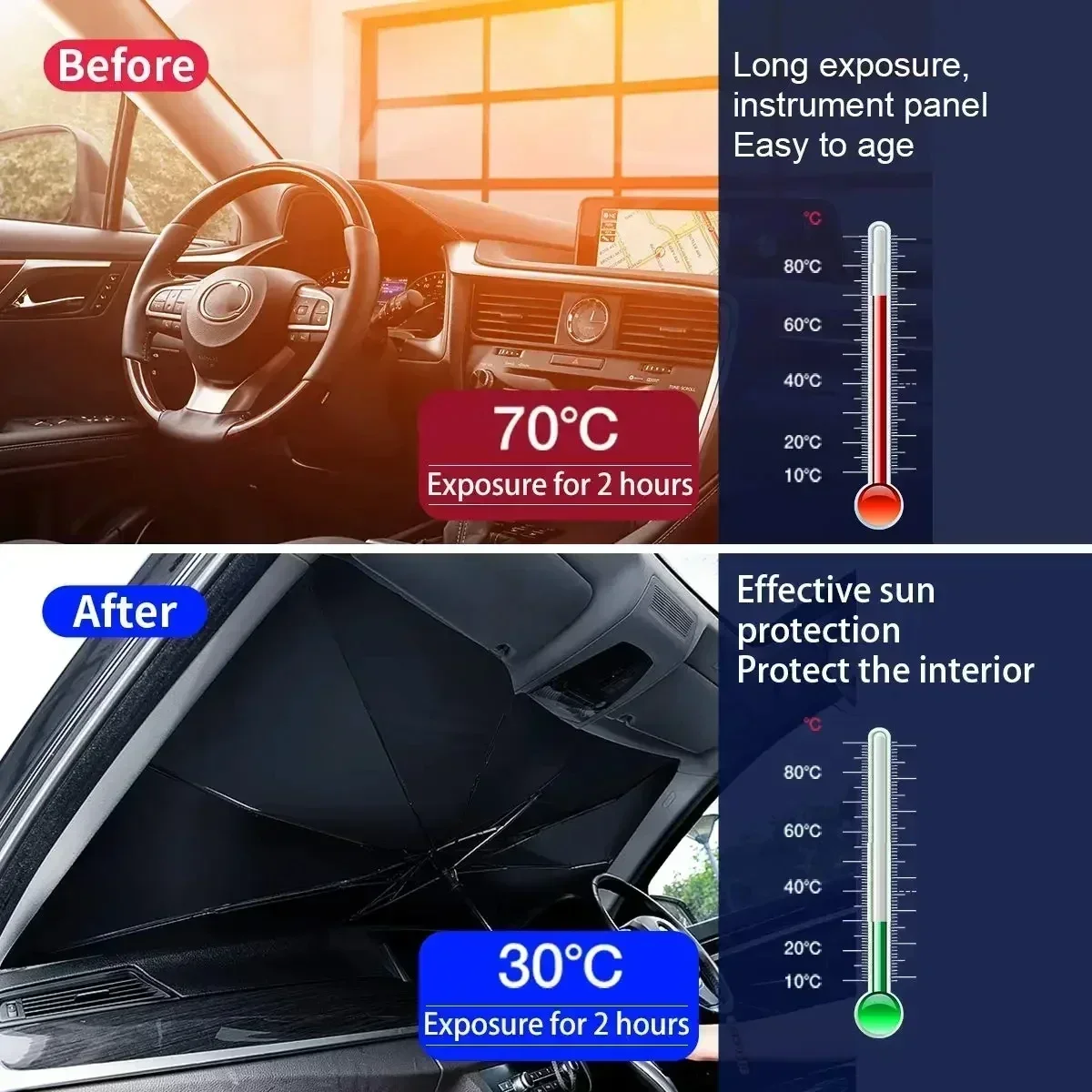 車のフロントガラス用サンシェード傘、折りたたみ式日よけ、UV - Car Sunshade Windshield Umbrella Foldable のレビューと価格