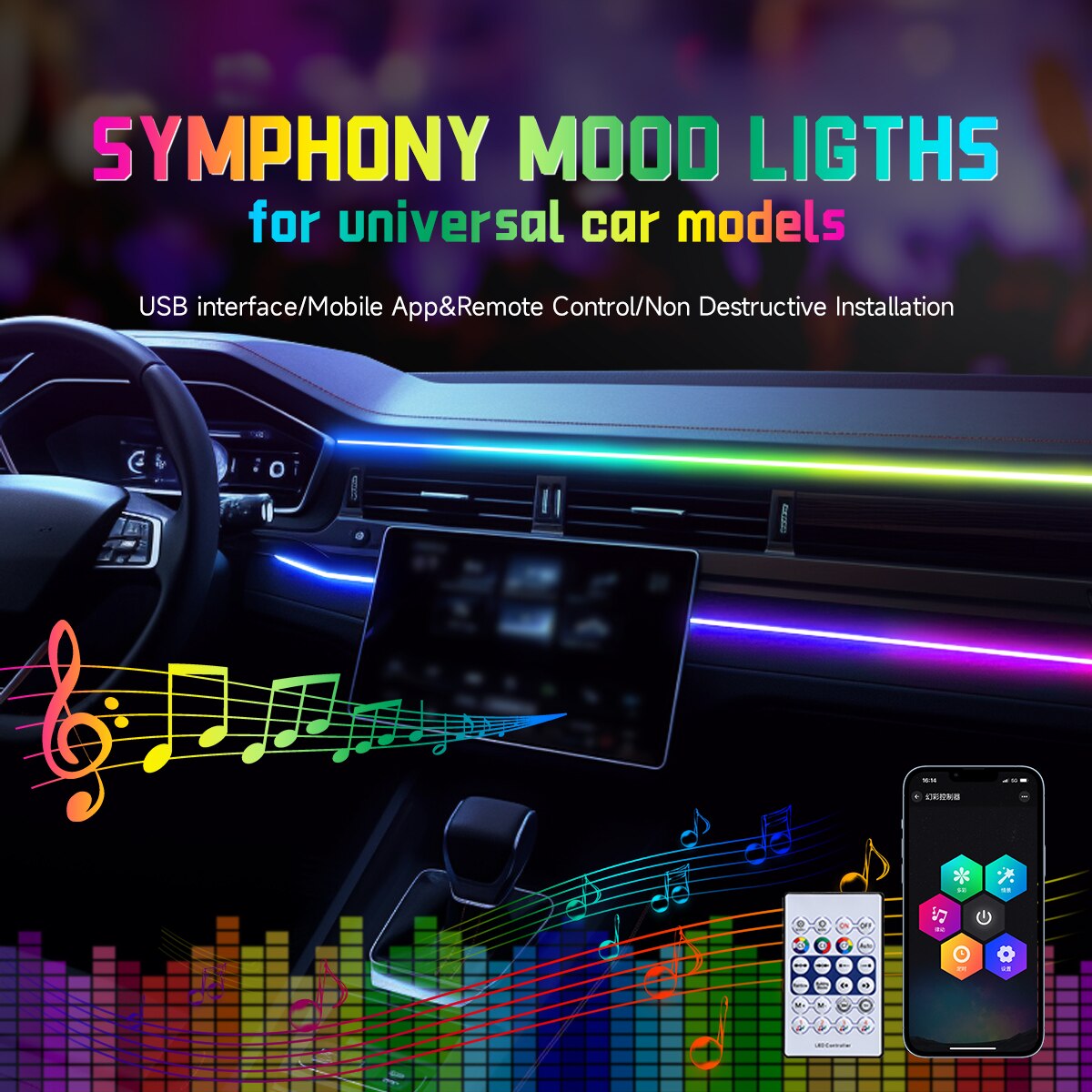 カーLEDアンビエントライトUSB 64色アクリルストリップ - Led Ambient Interior Car Lights App Control のレビューと価格
