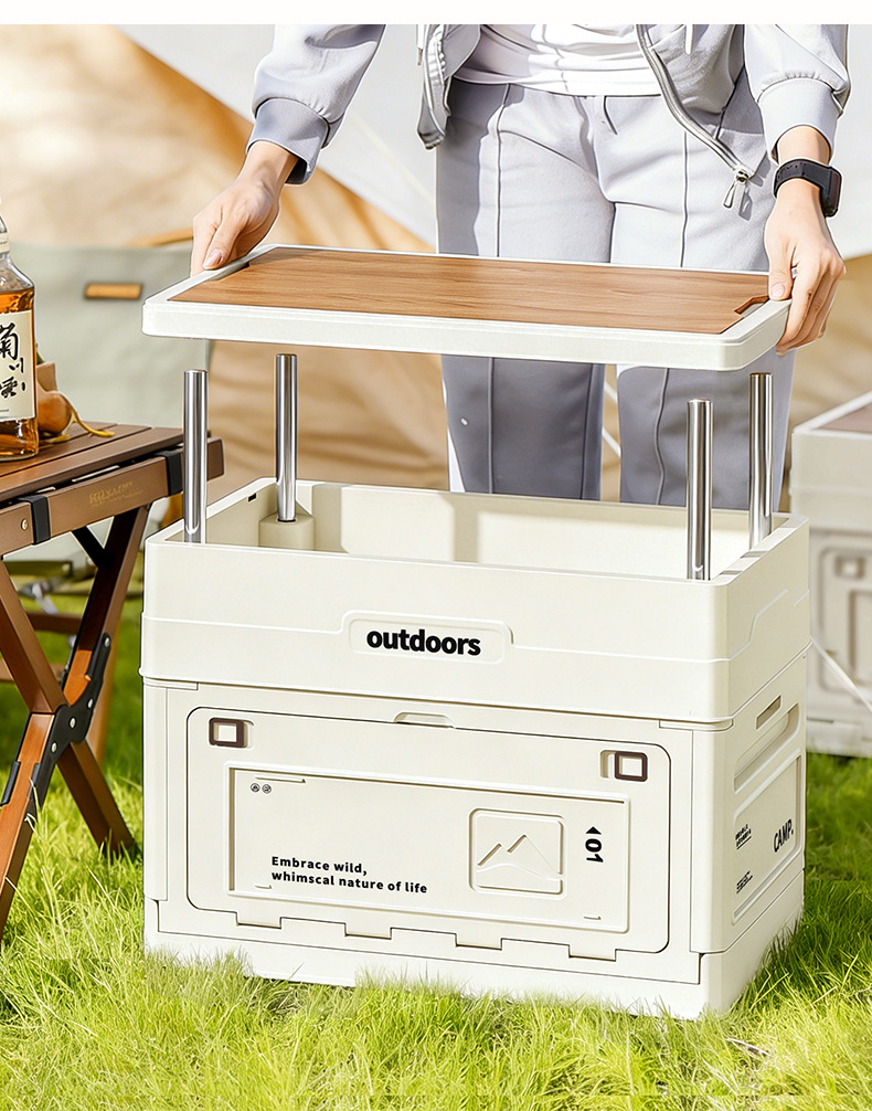 キャンプ用折りたたみ収納ボックス 木製蓋付き ドアテーブルチ - Car Trunk Organizer Foldable Storage Box のレビューと価格