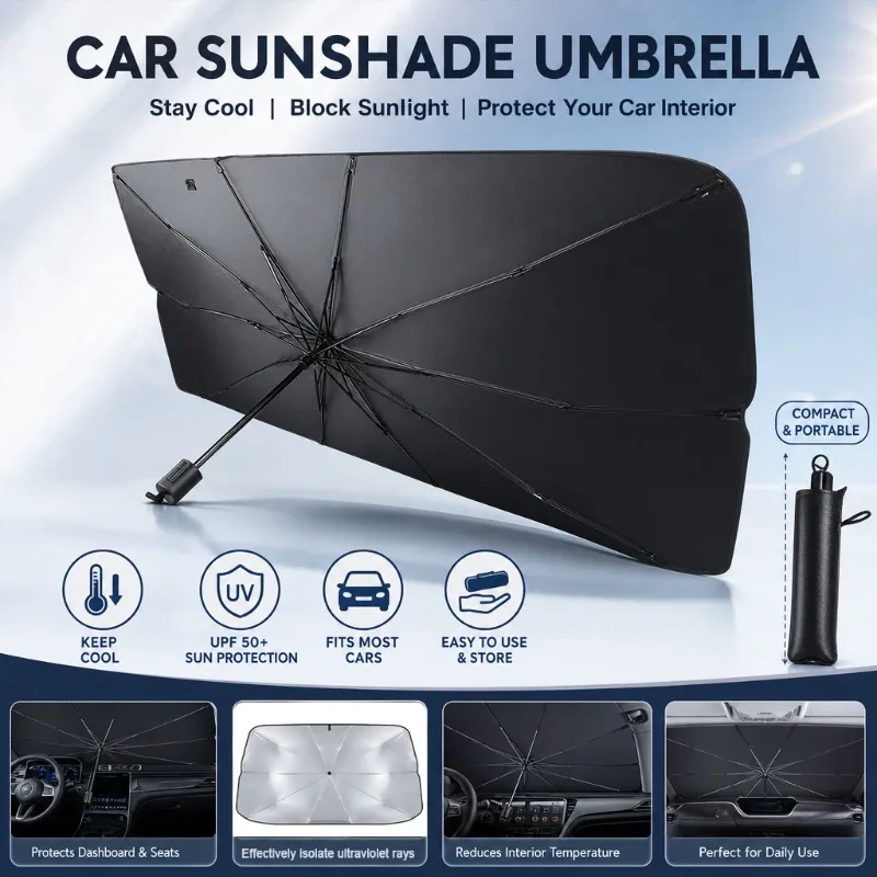車のフロントガラス用サンシェード傘 折りたたみ式日よけカバー - Car Sunshade Windshield Umbrella Foldable のレビューと価格